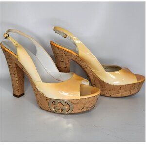 GUCCI vintage 38 ombre Patent Leather Cork GG PLATFORM slingback shoes Authentic